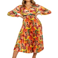 Női Alkalmi Őszi Hosszú ujjú Maxi ruhák virágmintás hosszú V nyakú fodros többszintű ruha övvel Narancssárga Piros