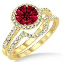 Karátos rubin & gyémánt Halo menyasszonyi szett eljegyzési gyűrű 10k sárga arany