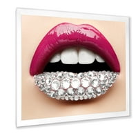 Designart 'Girl Lips rózsaszín rúzs fehér gyémántok modern keretes művészeti nyomtatása