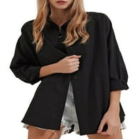 Capreze Női Hosszú ujjú ing gomb le blúz Egyszínű felsők üzleti alkalmi tunika ing fekete 2XL