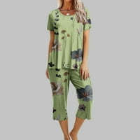 Funicet Női nyomtatás Kerek nyakú Rövid ujjú Sleepshirt és nadrág készletek Loungewear pizsama zsebekkel