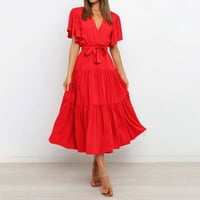 Női nyári ruhák nőknek szilárd közepes hosszúságú V-nyakú Alkalmi Rövid ujjú A-vonalú Ruha Piros S