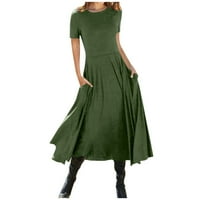 Női ruhák Clearance Kerek nyakkivágással laza Maxi Szilárd A-Line Rövid ujjú nyári ruha hadsereg zöld XL