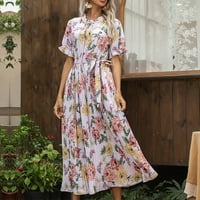 Cethrio nyári Maxi ruha nőknek-tavaszi és nyári Legénység nyak üreges fodros rövid ujjú rakott virágos nyomtatott ruha