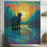 Absztrakt macska zuhanyfüggöny a fürdőszobához, hegyek naplemente víz felhők Boho zuhanyfüggöny szett, kék csíkok Trippy