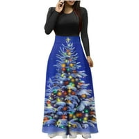 Odeerbi ruhák nőknek esik karácsonyfa nyomtatás Hosszú ujjú Kerek nyakú hosszú ruha strand alkalmi Maxi Sundress Kék