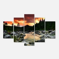 Designart 'sziklás hegyi folyó naplementekor' Extra nagy Falművészeti táj